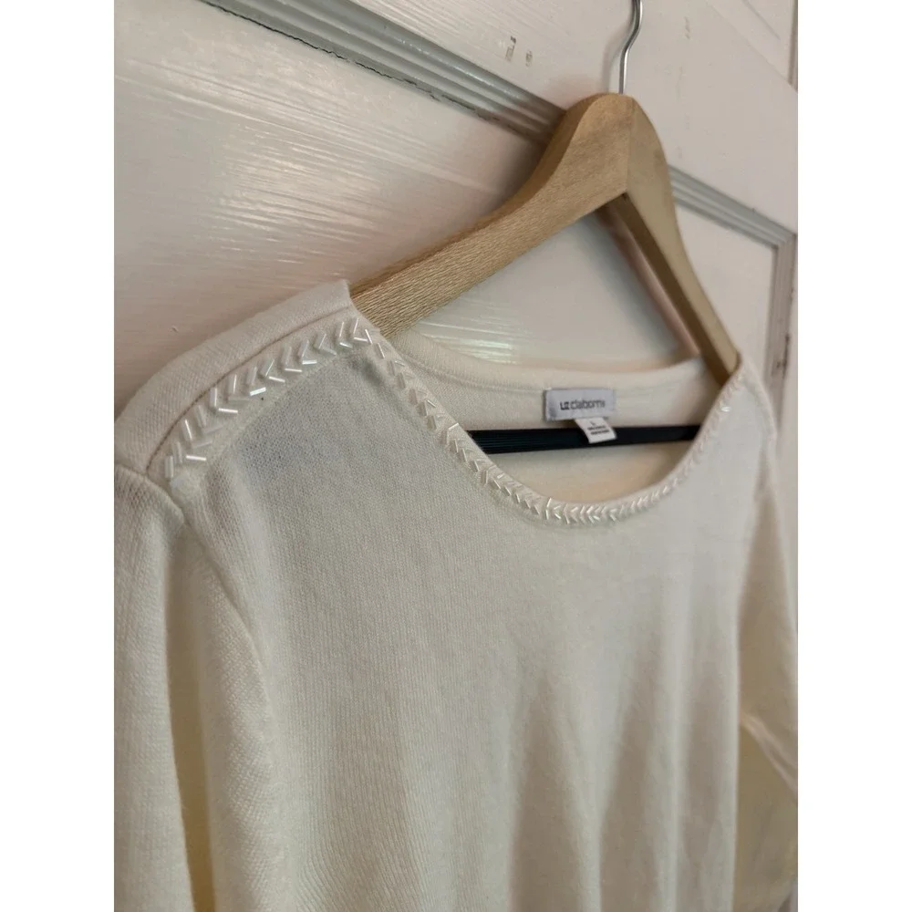 Liz Claiborne Women's Ivory Boatneck Beaded Acrylic Knit Sweater Size Large